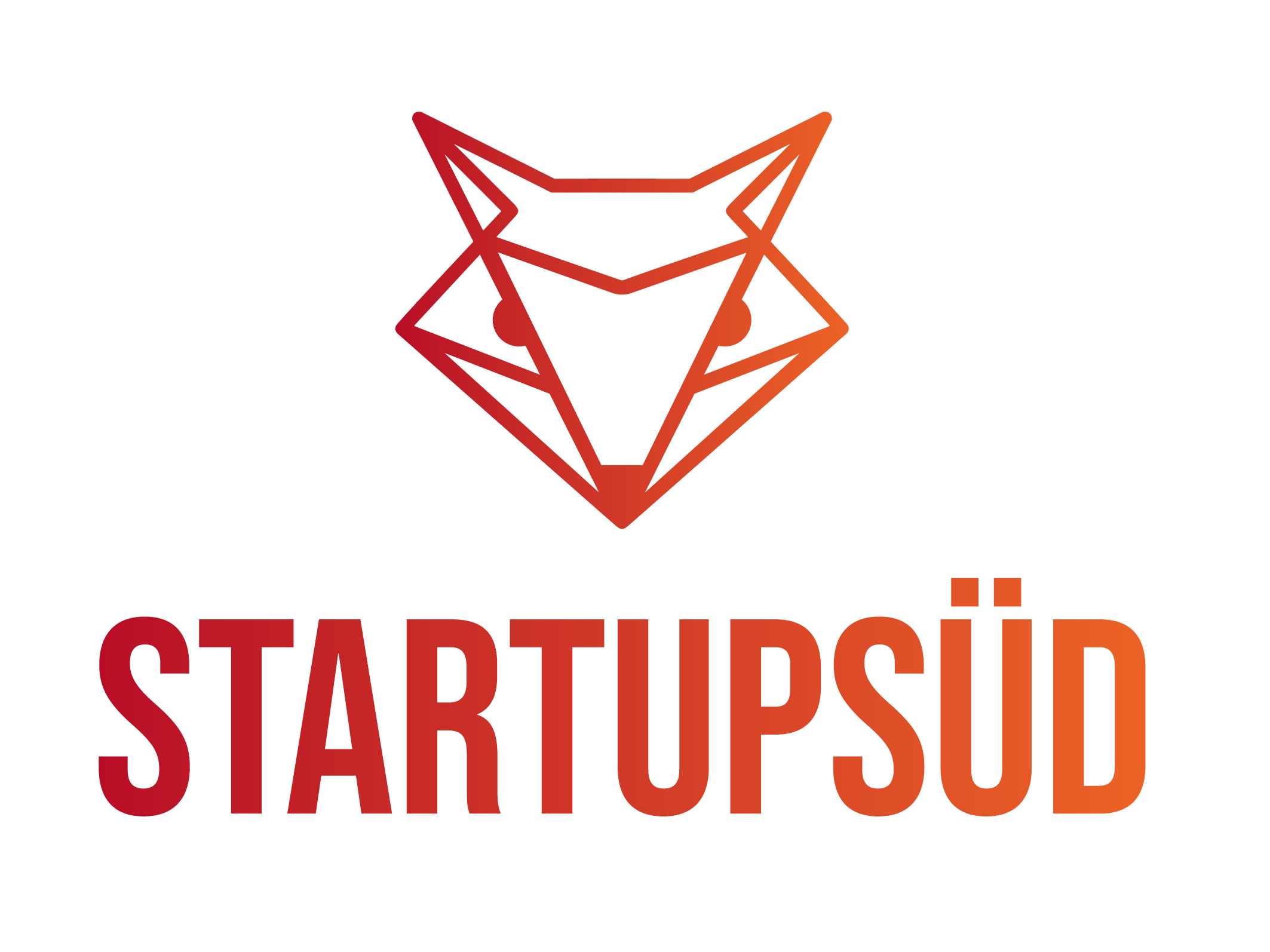 Das Logo von StartupSÜD: Ein stilisierter Fuchs im Origami-Stil in Rot-Orange-Farbverlauf über dem Schriftzug StartupSÜD.
