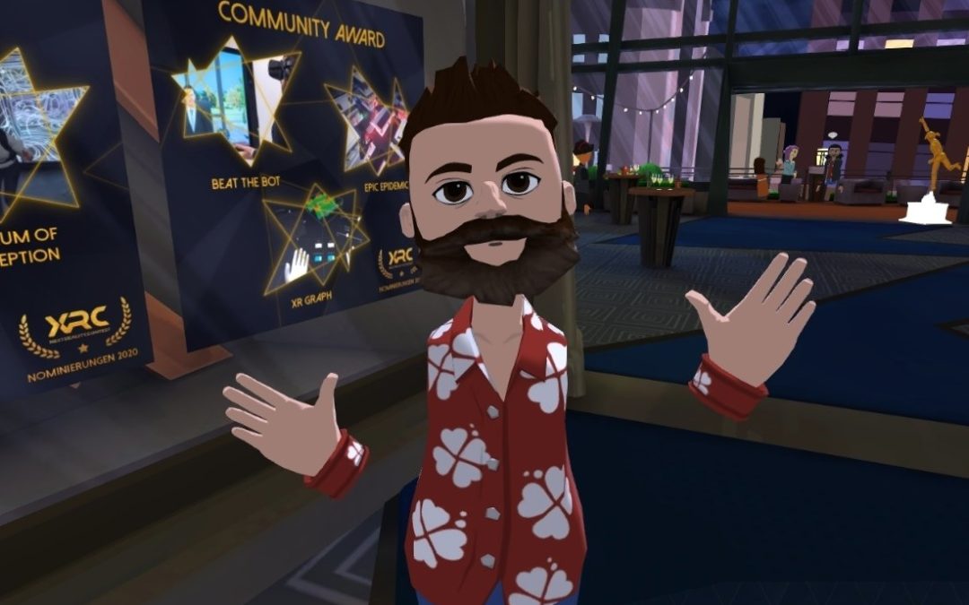 Ein Avatar in einer virtuellen Umgebung: EIn Mann mit Bart in einem roten Hawaiihamed. Hinter ihm ist der Schriftzug "Community Award" zu lesen.